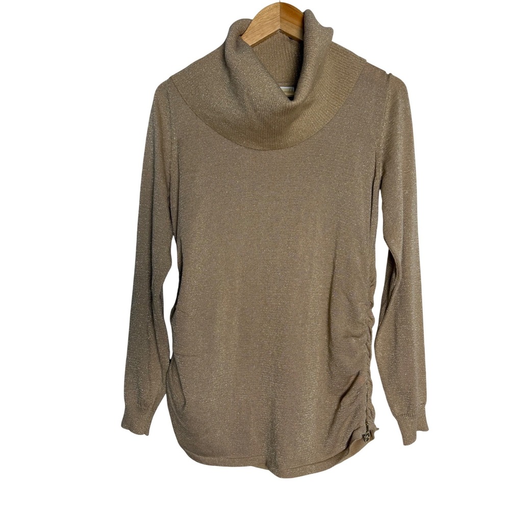 Michael Kors Sweater Womens L Cowl Neck Gold Metallic Side Ruched Zip EUC